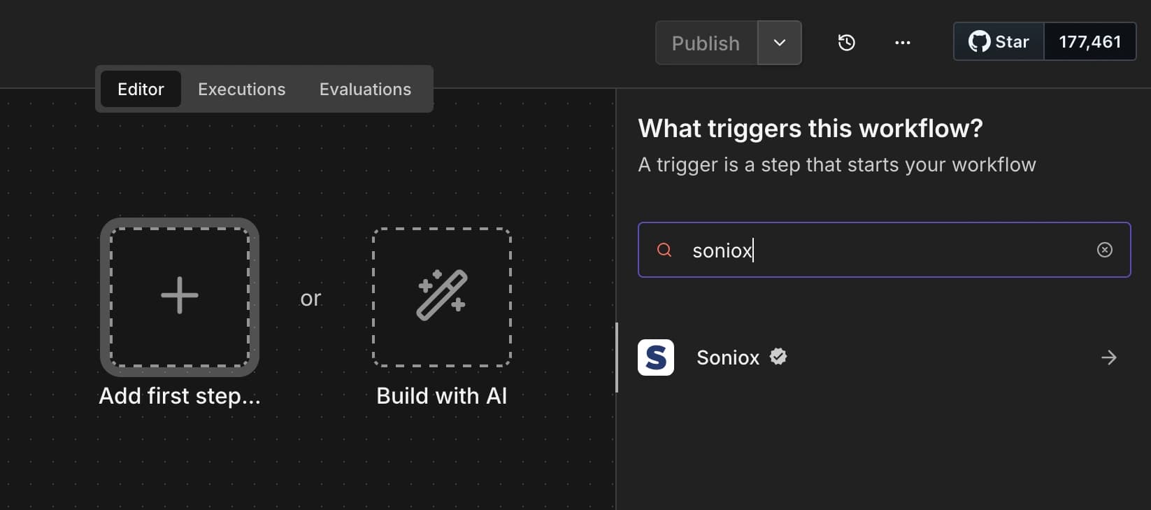 Searching for the Soniox verified node in the n8n UI